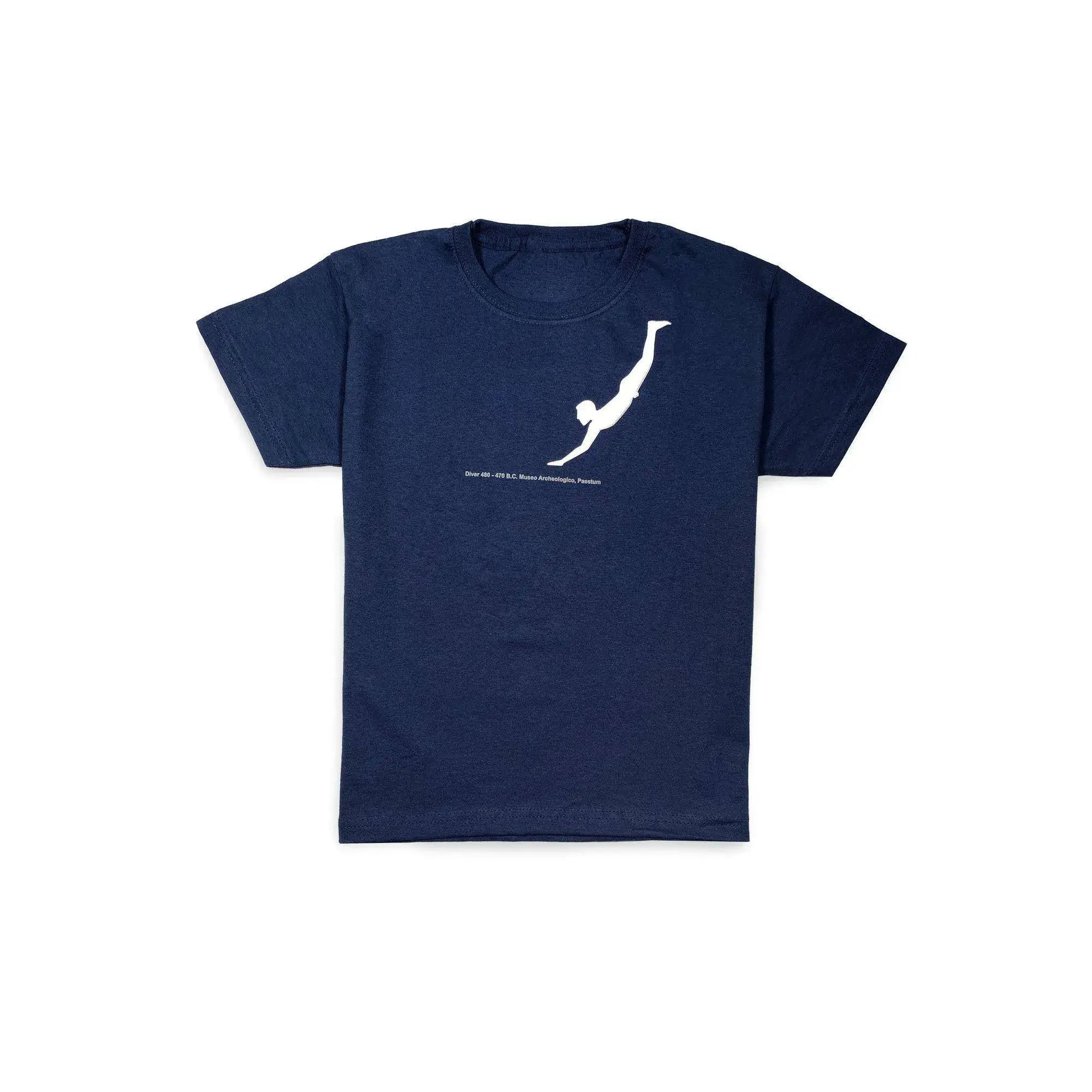 T Shirt bambini blu con stampa del tuffatore di Paestum