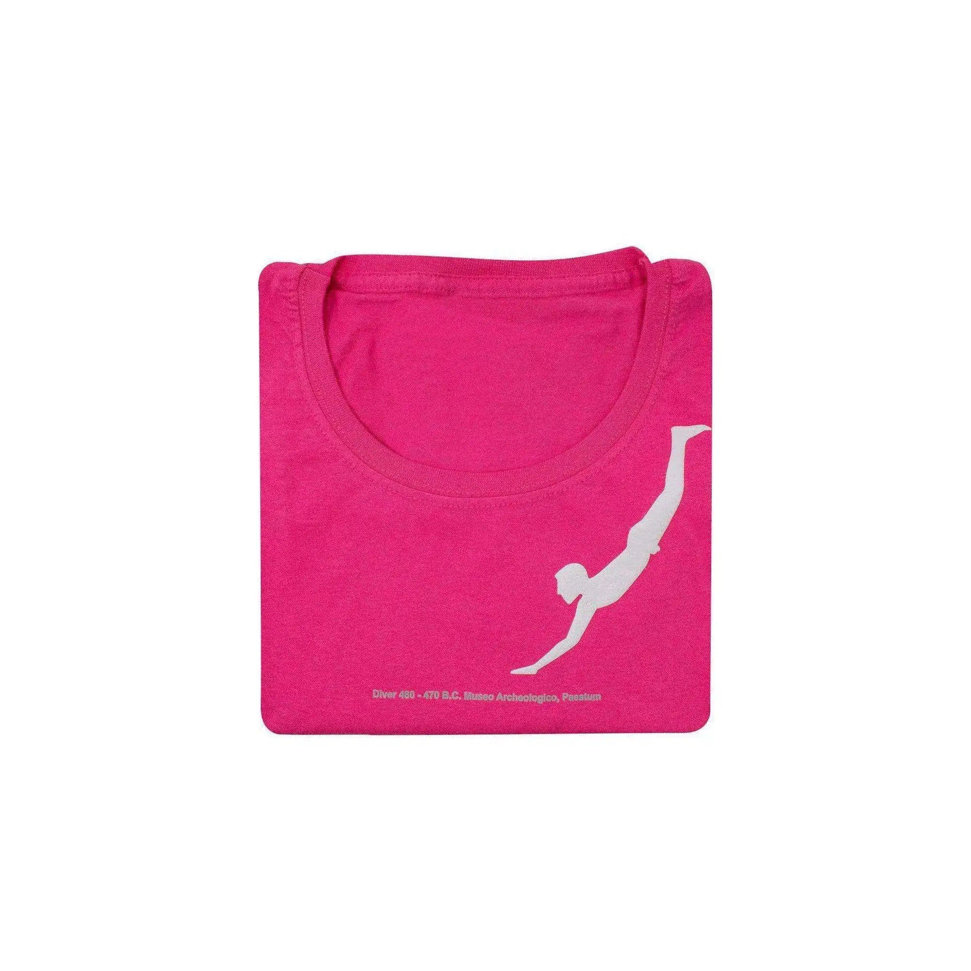 T Shirt da donna rosa con stampa del tuffatore di Paestum piegata