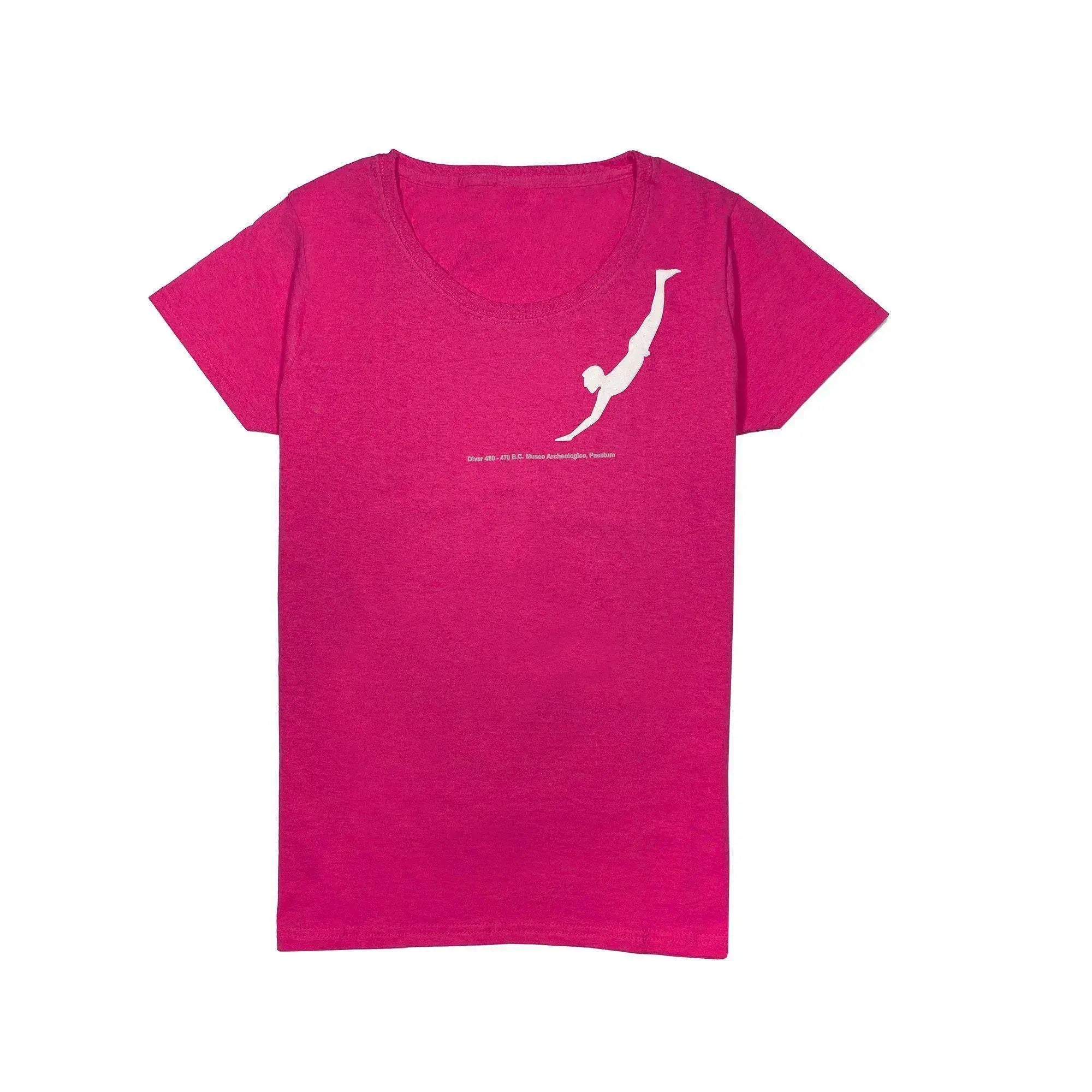 T Shirt da donna rosa con stampa del tuffatore di Paestum